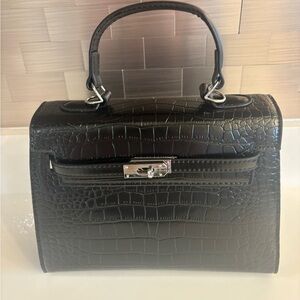 Black Vegan Croc-Embossed Handbag Crossbody Or Shoulder
